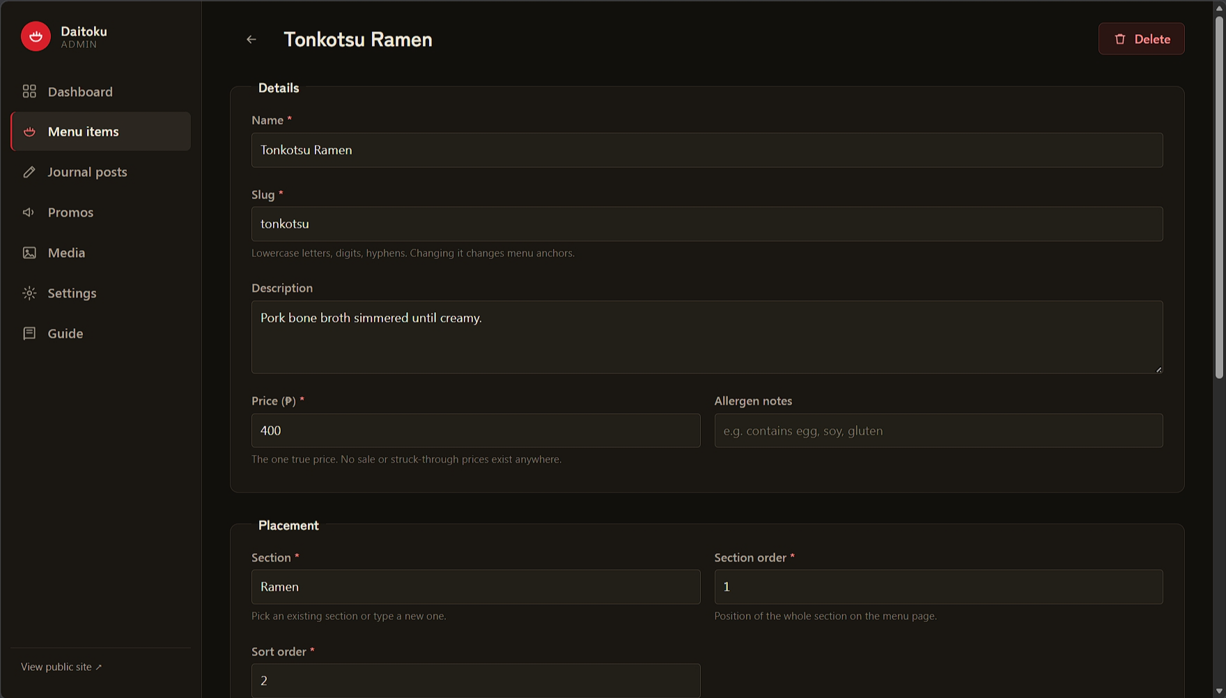 The admin menu item editor showing details, price, allergen notes, and placement fields