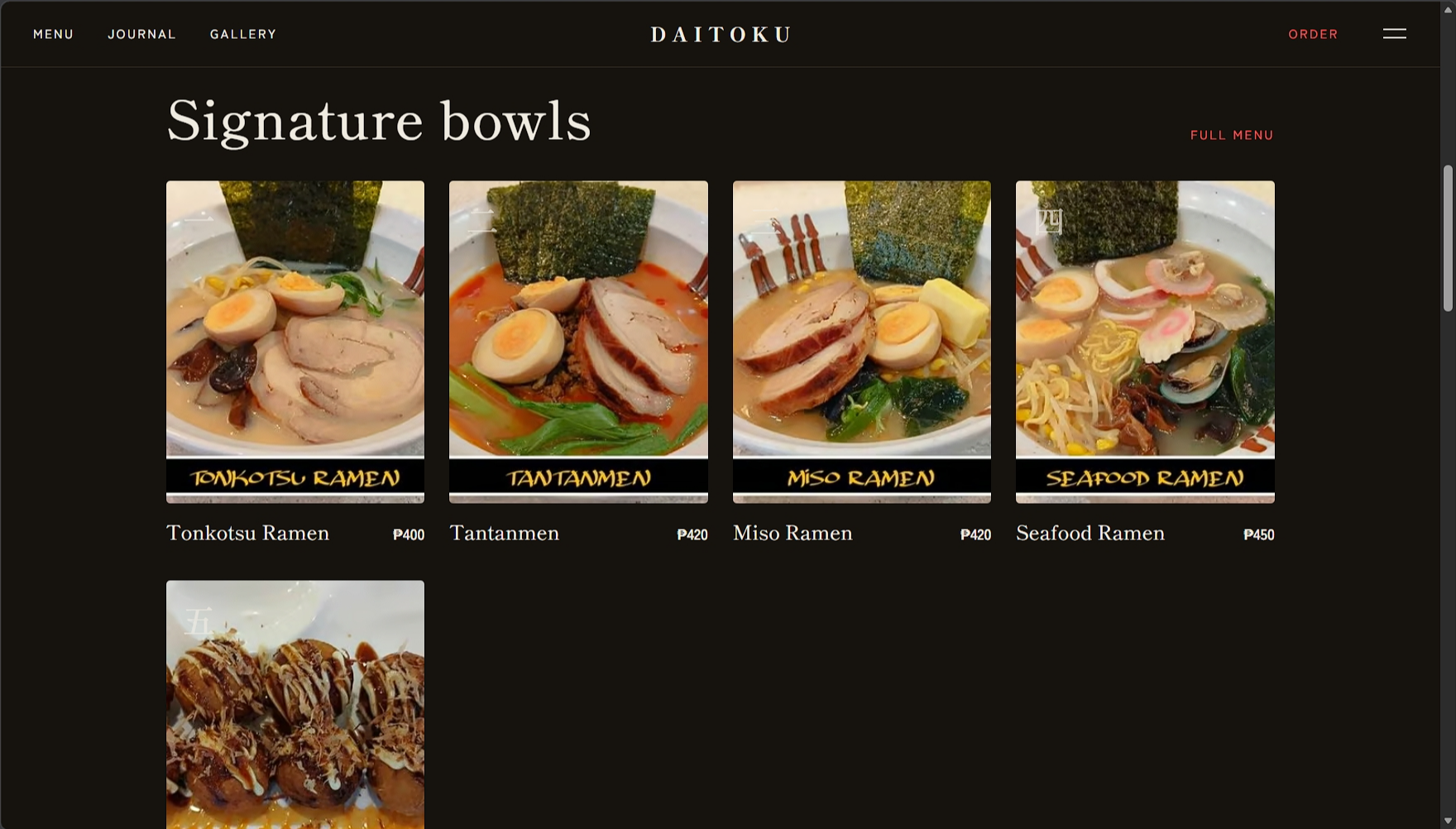 The home page signature bowls strip with per-bowl photography and prices