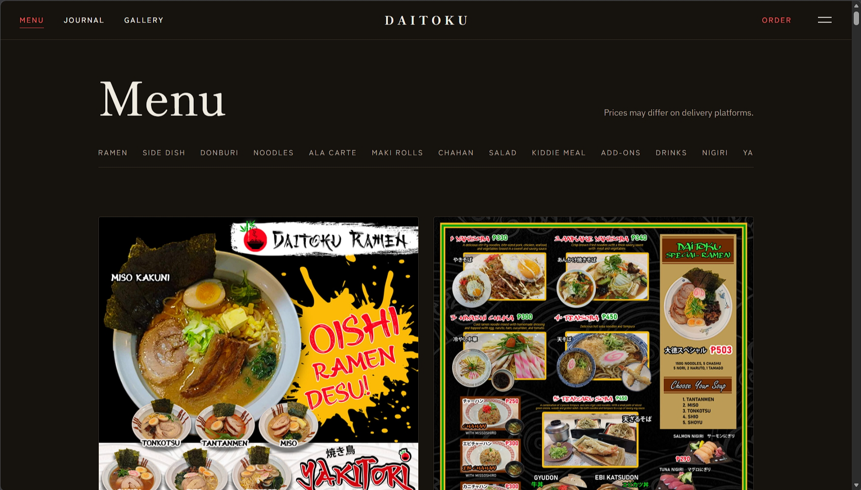 The menu page header with the sticky section index and the printed menu boards