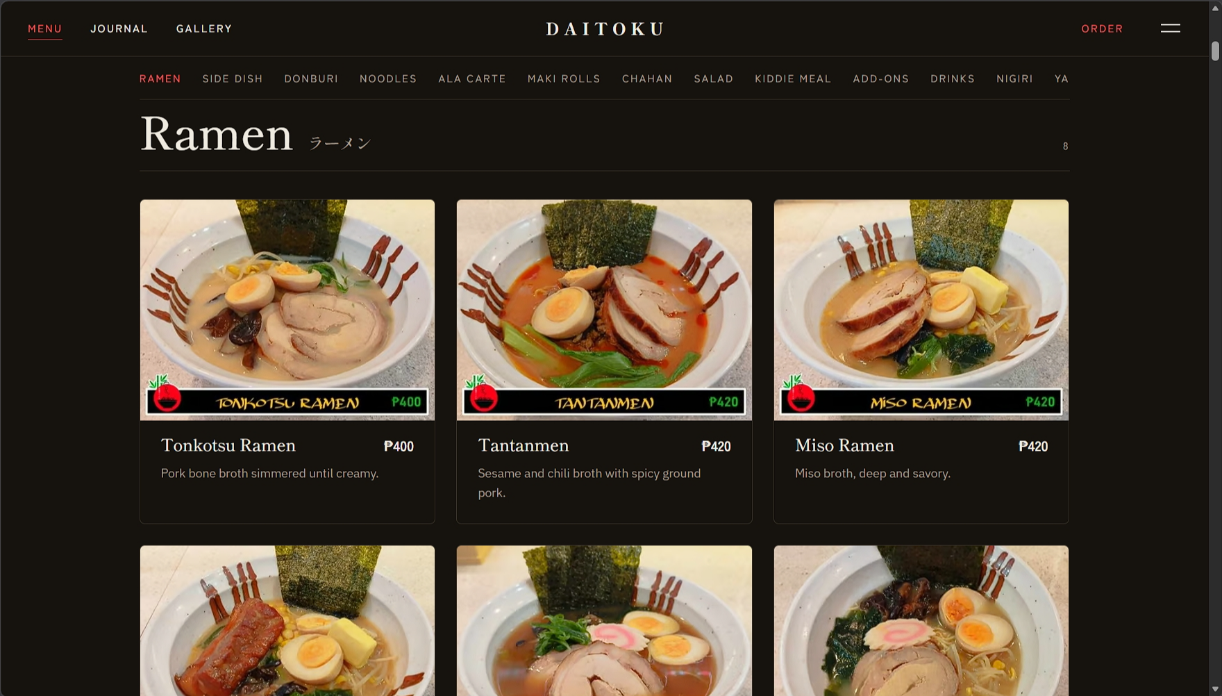 The ramen section of the menu page as a photo card grid with names, prices, and descriptions