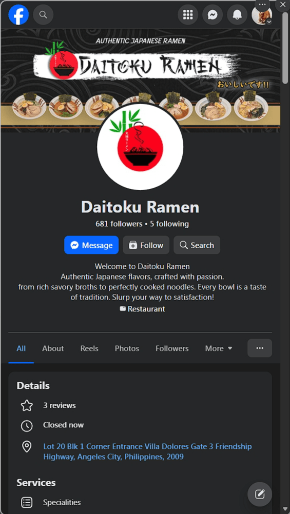 Daitoku Ramen Facebook page before the owned site