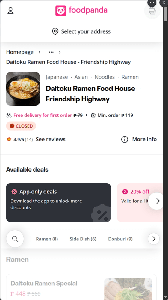 Daitoku Ramen FoodPanda listing before the owned site
