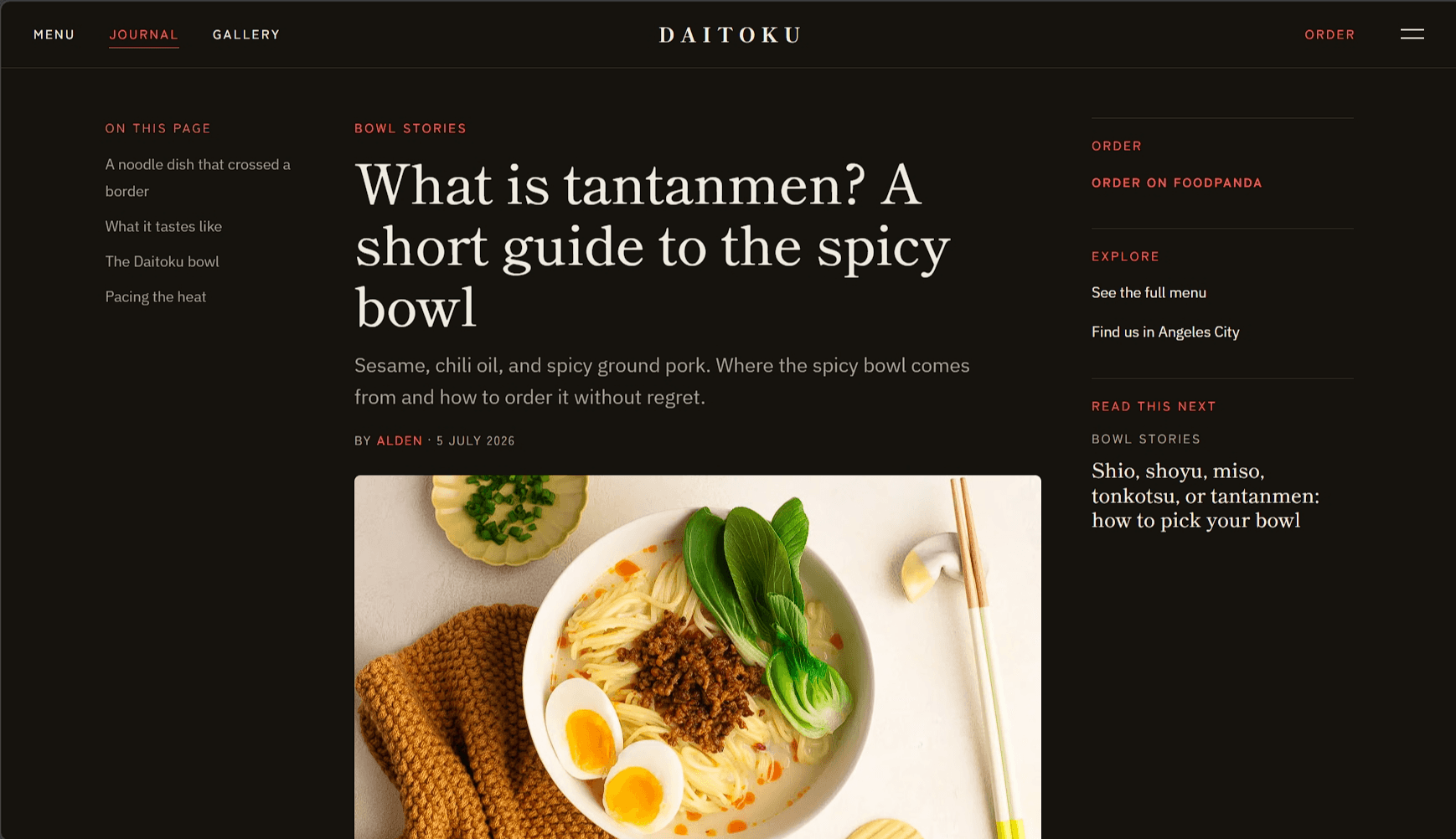 Daitoku Ramen tantanmen journal article with live menu embed