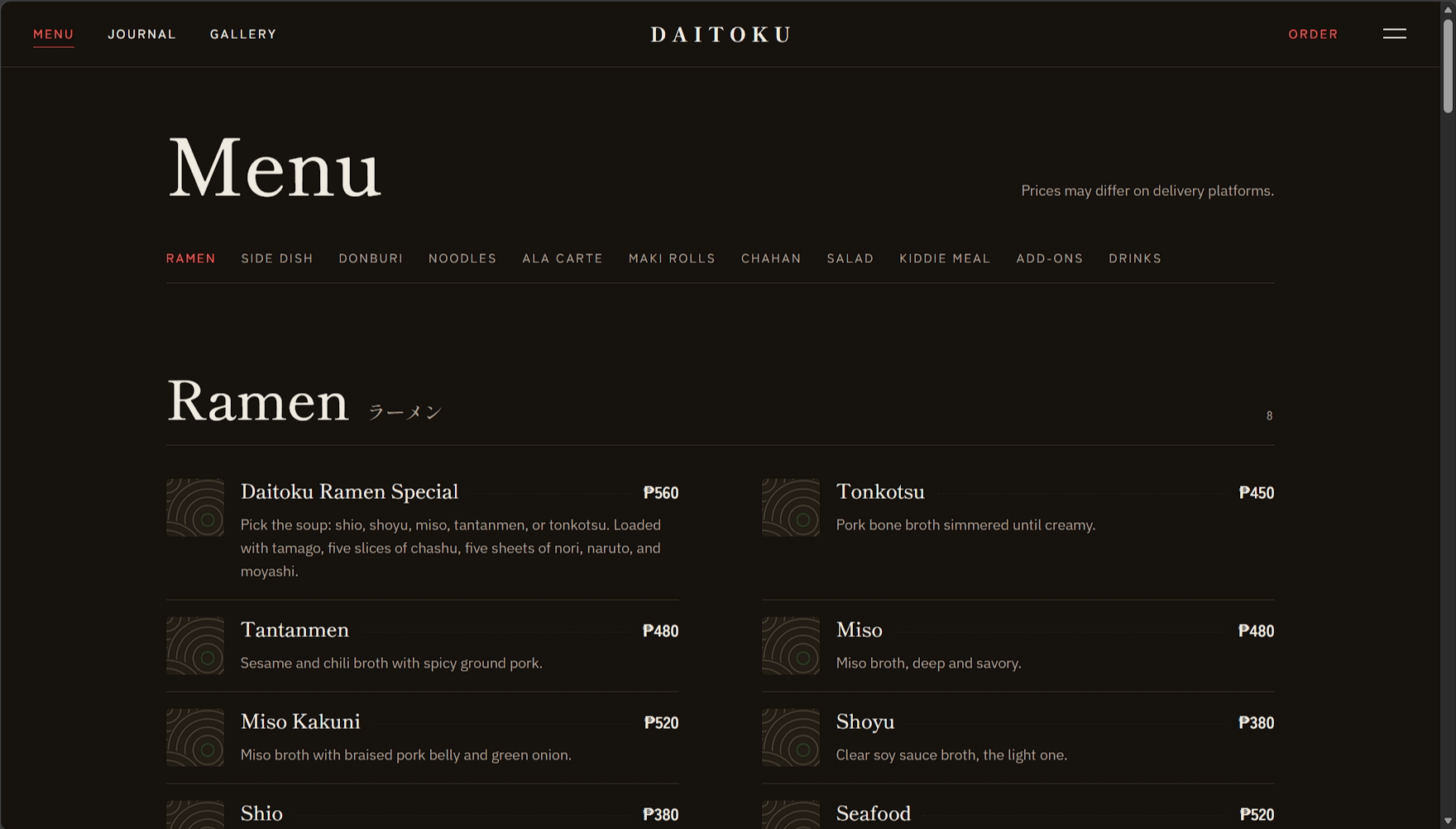 Daitoku Ramen menu page with designed seigaiha media slots