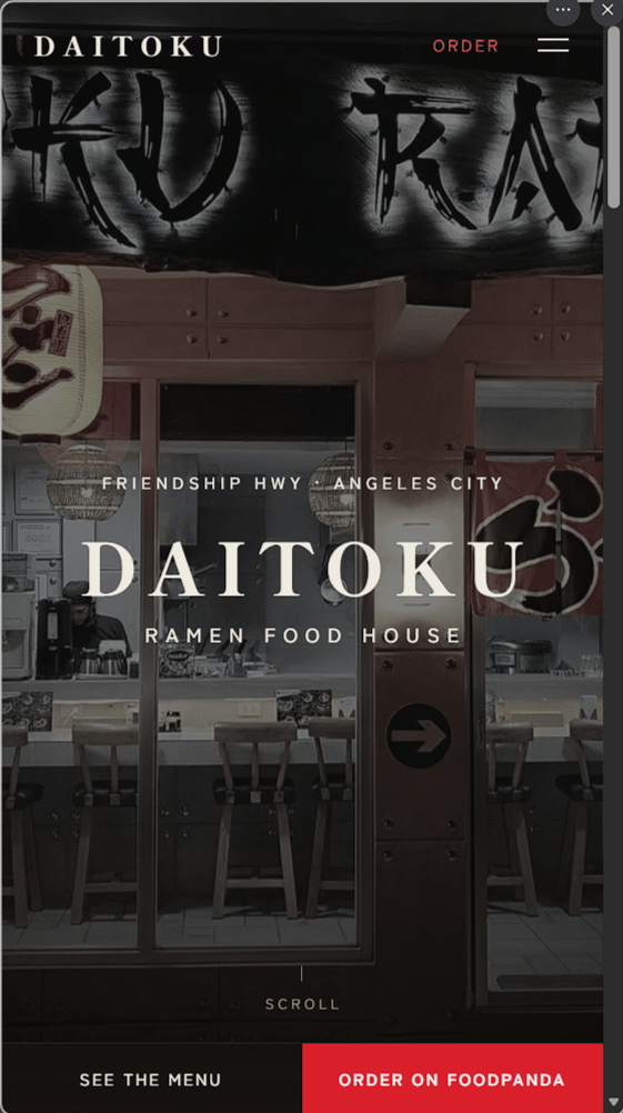 Daitoku Ramen owned home page in a mobile viewport