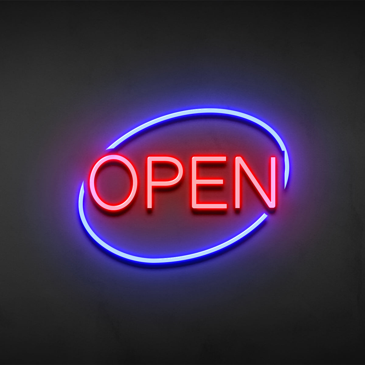 OPEN sign in red neon inside a blue ellipse, glowing on a dark wall