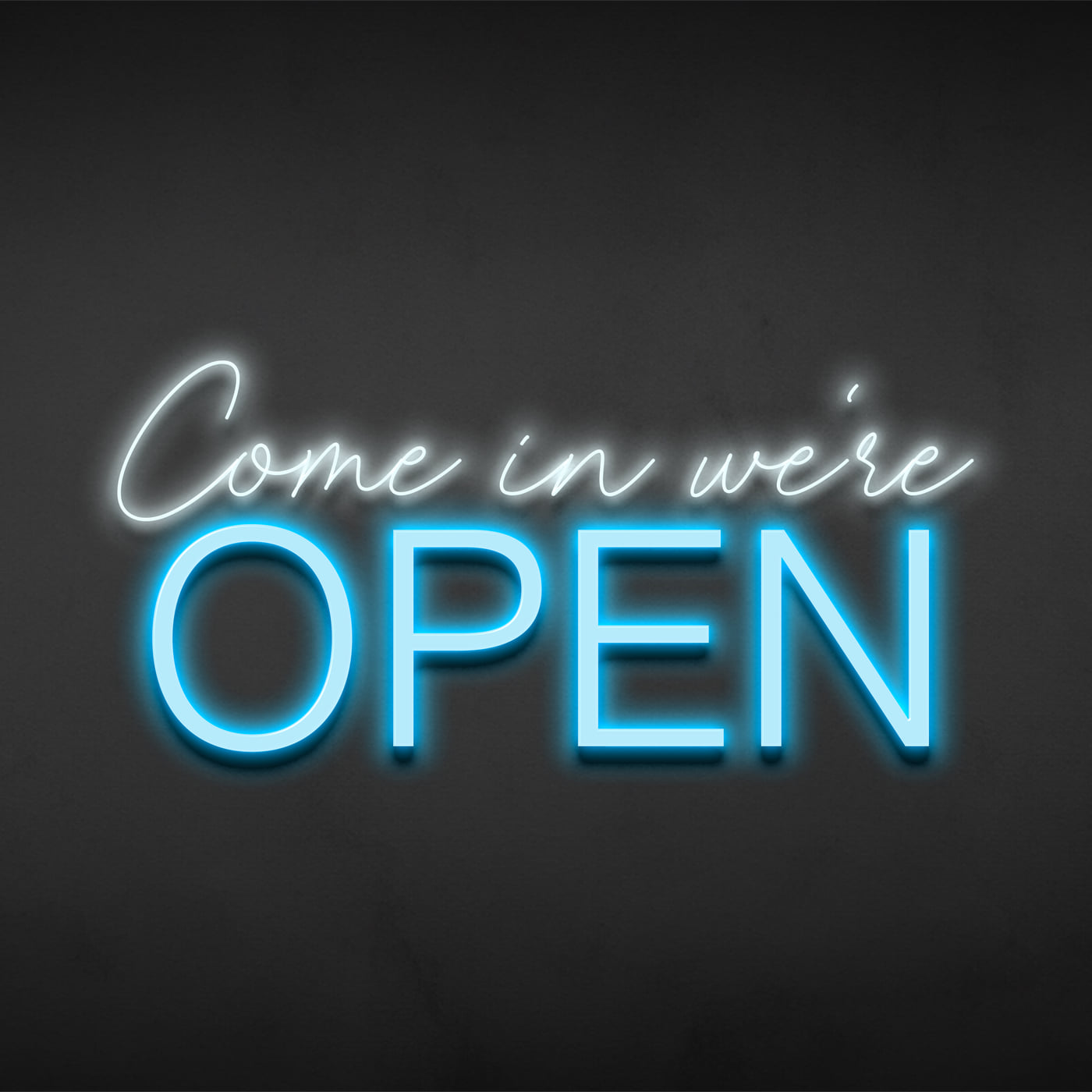 Come in we are open sign in neon on a dark wall