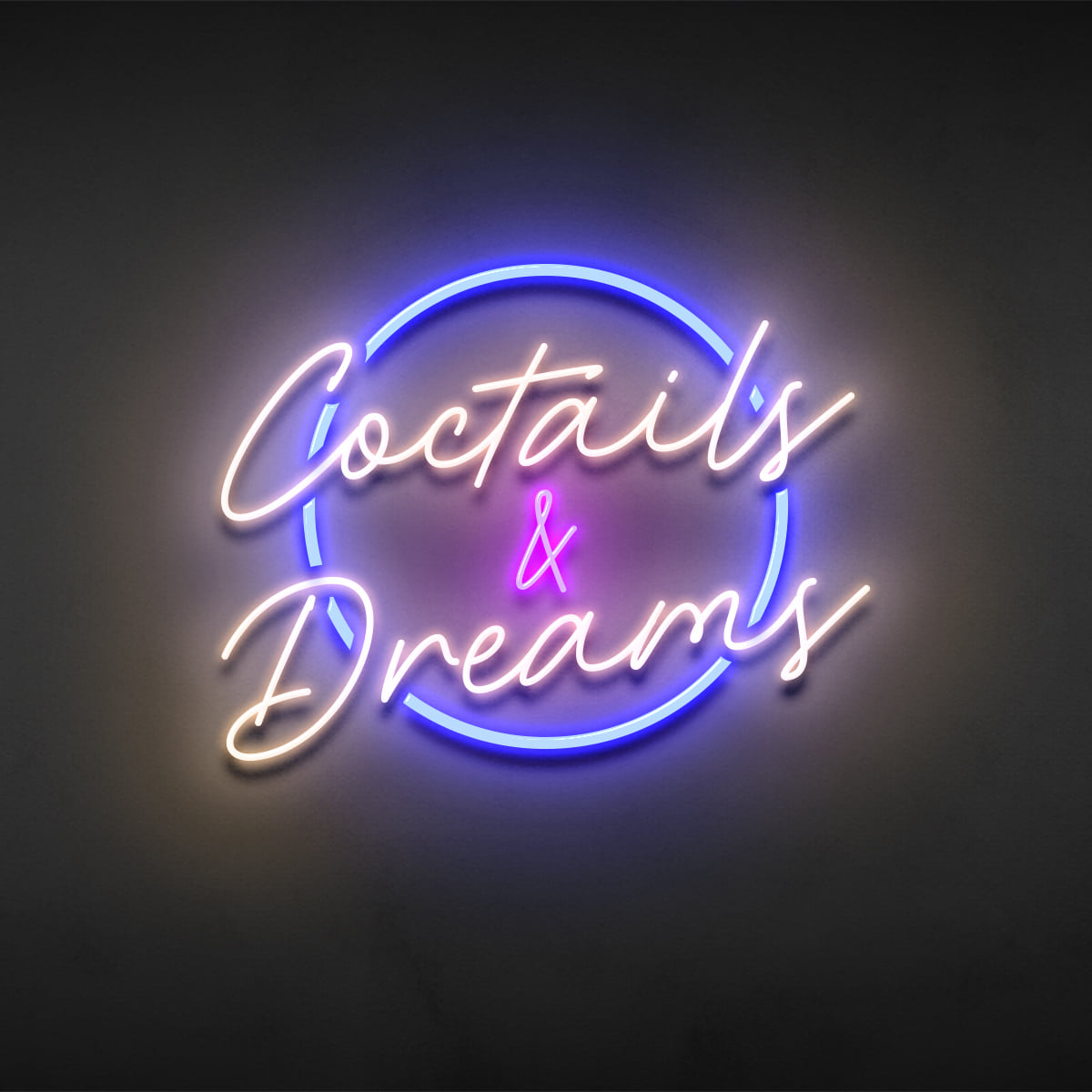 Cocktails and Dreams sign rendered in neon on a dark wall