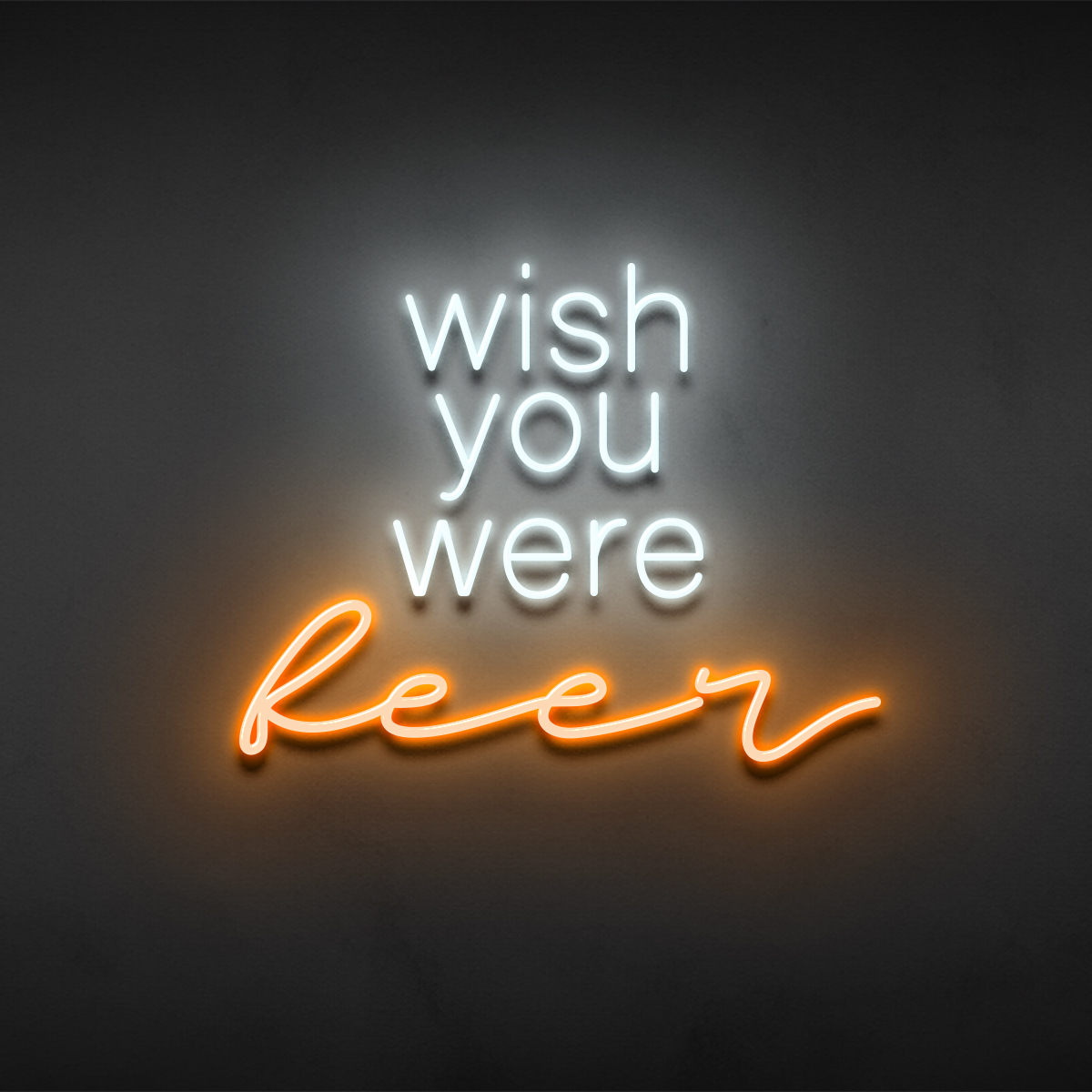 Wish you were beer sign rendered in neon on a dark wall
