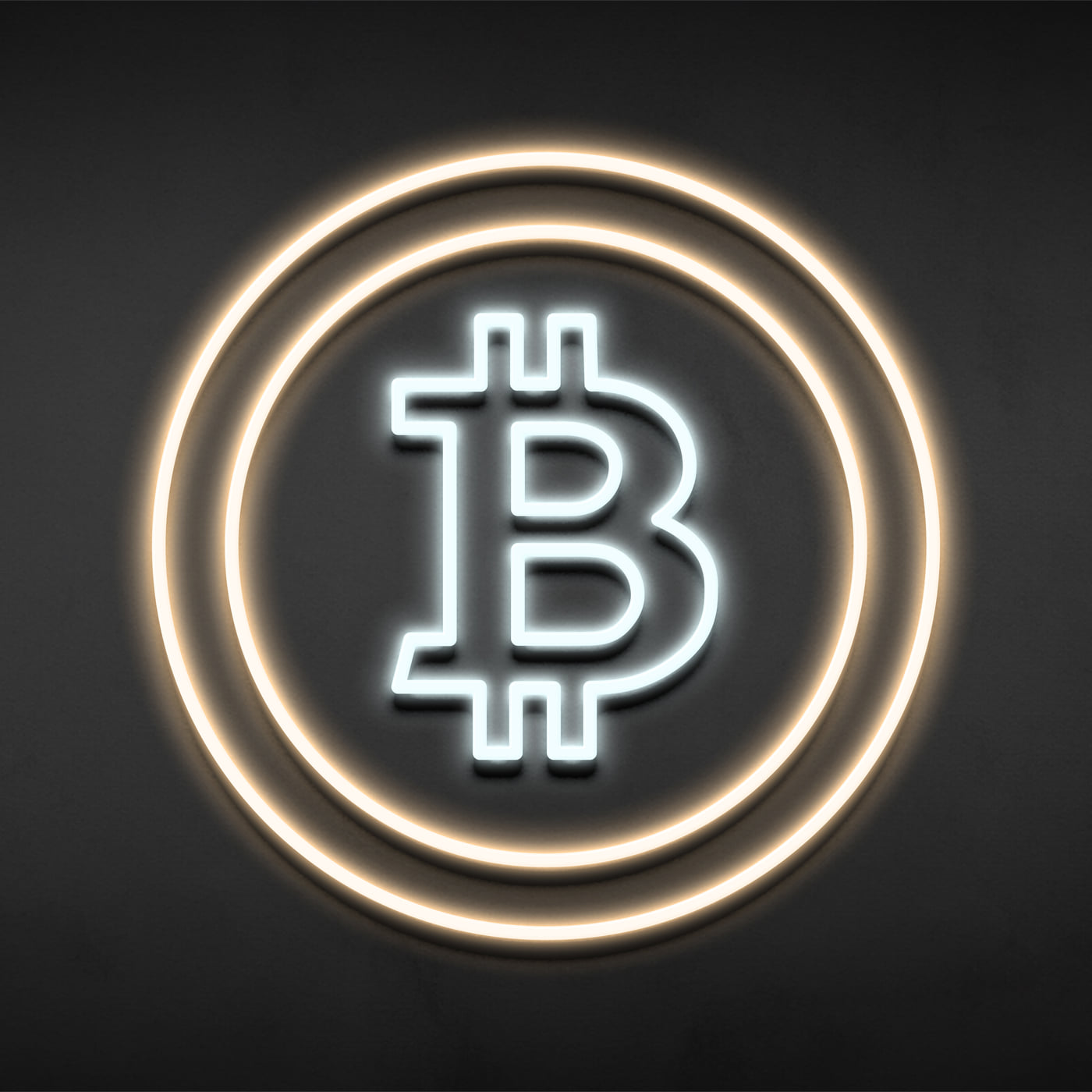 Bitcoin logo built in white and warm-white neon rings