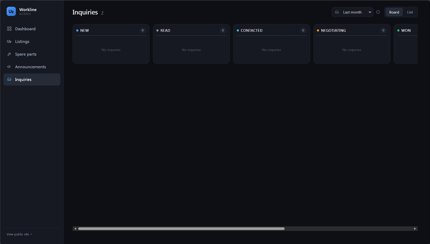 Platinum admin inquiry board with status columns