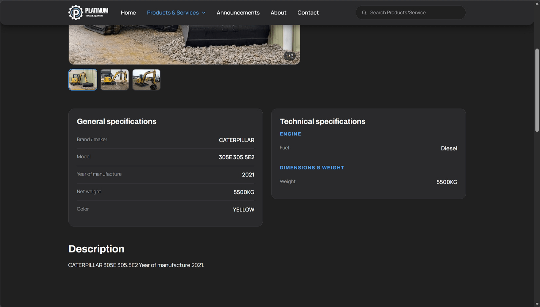 Platinum unit detail page with general and technical specifications