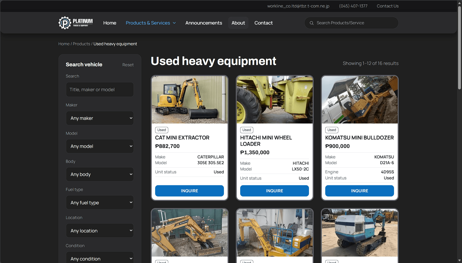 Platinum heavy equipment category page with filters and unit cards