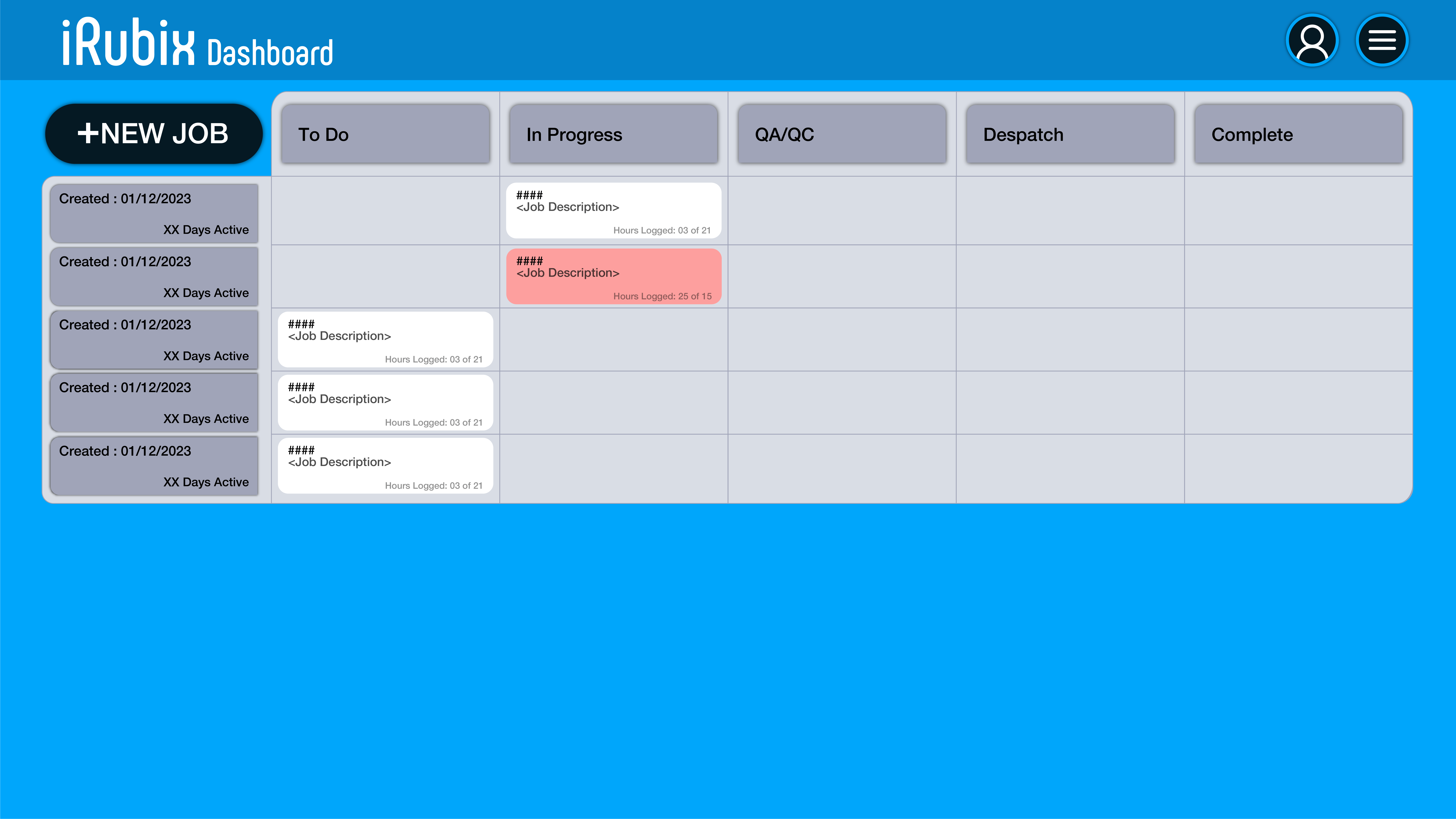 iRubix job board: kanban columns from To Do through Complete