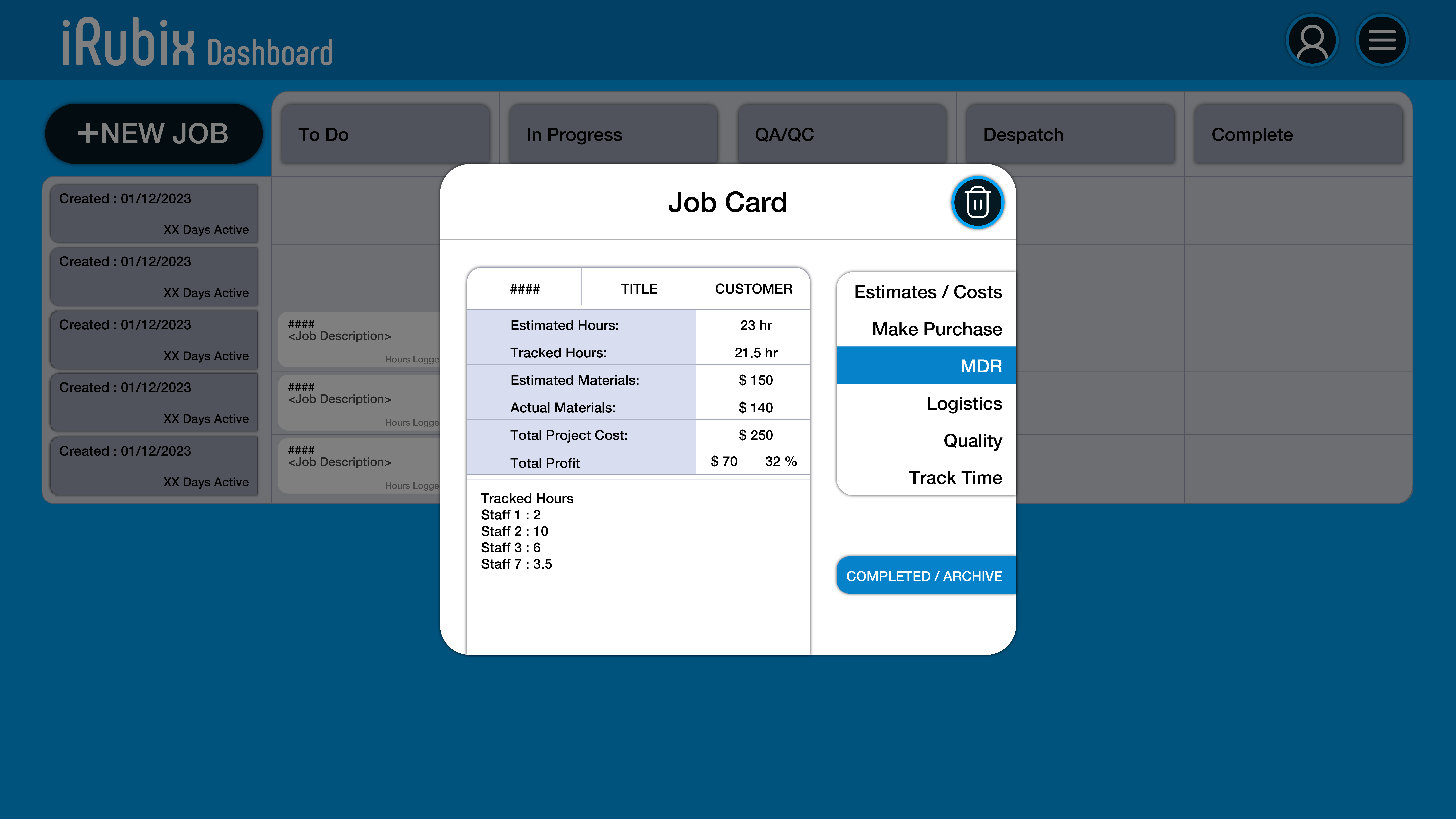 A job card opened over the board, showing costs and tracked hours