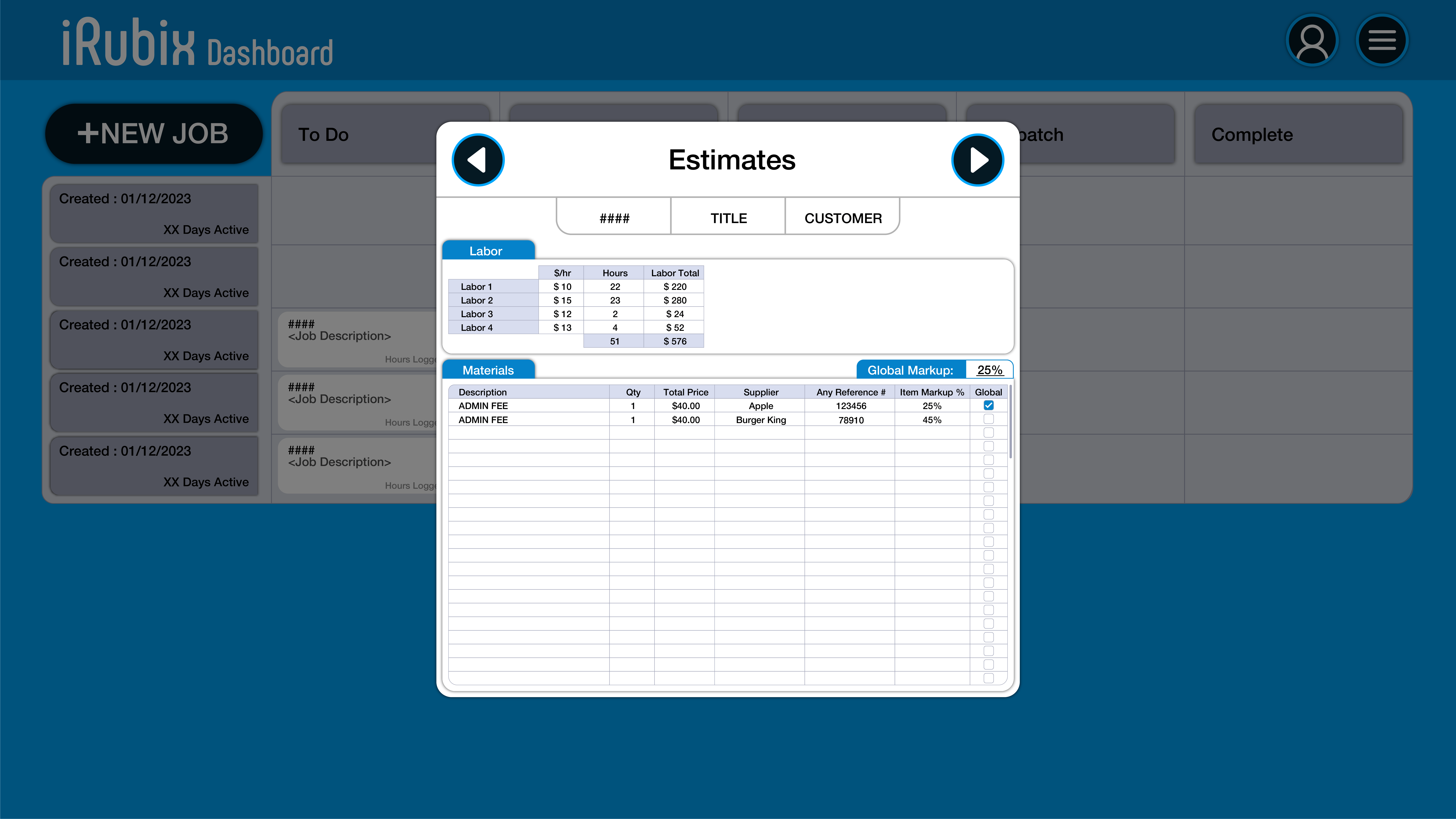 Estimates screen: labor and materials lines with global markup