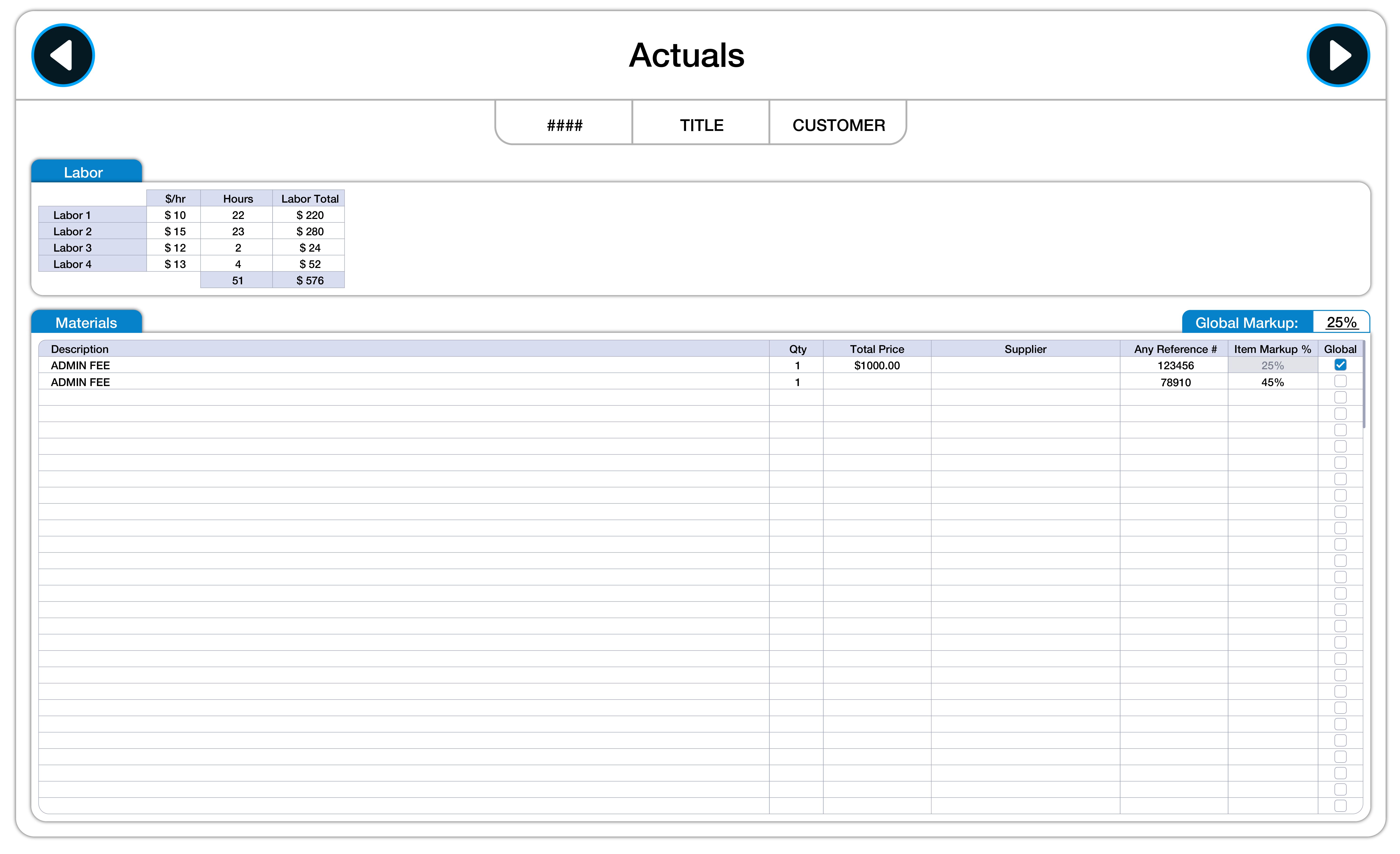 Actuals screen: labor and materials tracked against the estimate