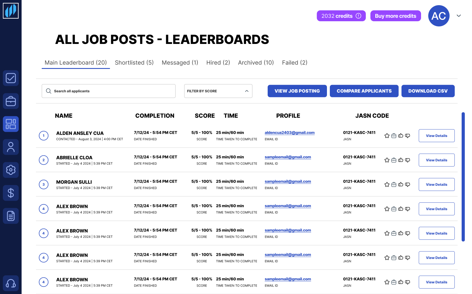 Client dashboard: applicant management view